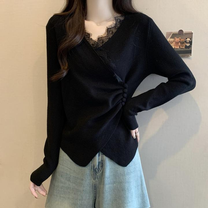 大码春装打底针织衫女爆款2025新款独特漂亮蕾丝拼接交叉v领上衣