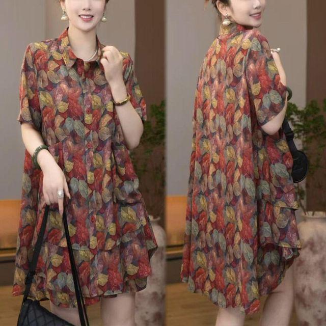 大码时尚休闲套装女2025夏季新款宽松显瘦红叶印花衬衫短裤两件套