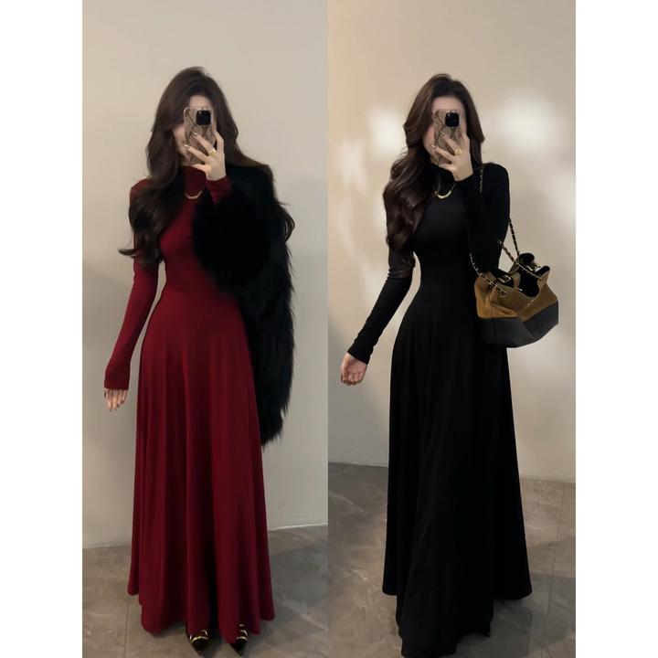 【大婷婷】加绒半高领长袖秋冬气质显瘦纸片人内搭打底长裙DT1782