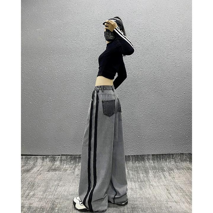 侧条纹拼色设计感阔腿牛仔裤女秋新款高腰宽松显瘦百搭直筒拖地裤