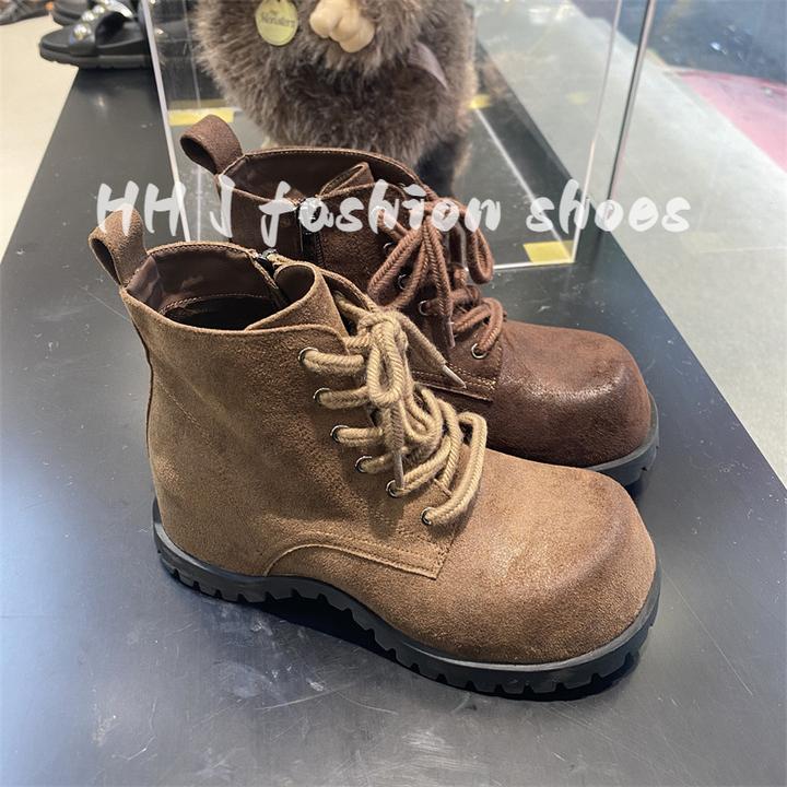 2025秋冬新款马丁靴女真皮时尚内增高擦色复古侧系带大头丑萌短靴