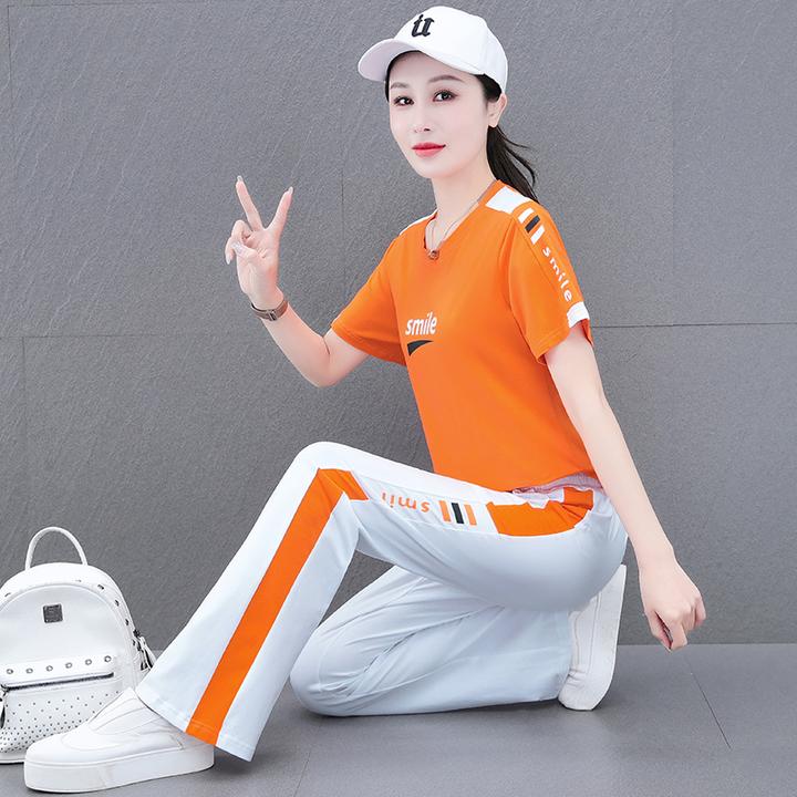 圆领休闲运动套装舞服女夏季洋气大码显瘦时尚健身休闲跑步喇叭裤