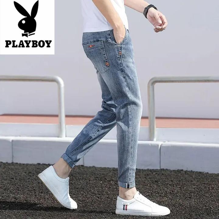 花花公子九分牛仔裤男士秋季新款修身小脚裤破洞潮流百搭直筒裤