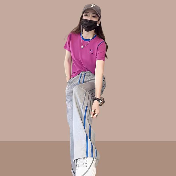 2025夏季新款女士休闲运动套装洋气减龄短袖上衣灰色阔腿裤两件套