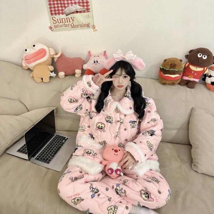 秋冬季保暖绒毛边睡衣女生可外穿三层夹棉学生卡通长袖家居服套装