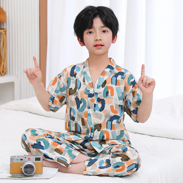 男童棉绸睡衣夏季薄款开衫男孩短袖长裤家居服中大儿童夏天空调服