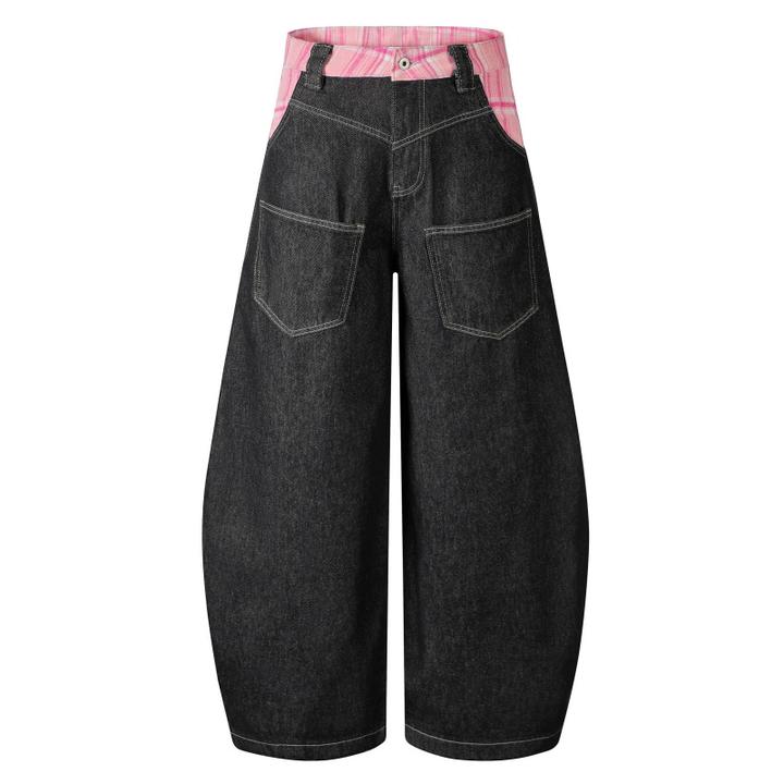 美式街头潮流时尚个性宽松格纹腰头拼接裁剪假两件弯刀牛仔裤女裤