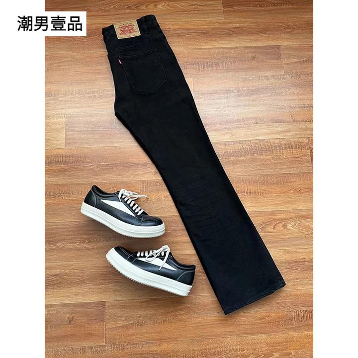 黑色517柳叶弯刀牛仔裤男弹力大码高个子直筒微喇裤子