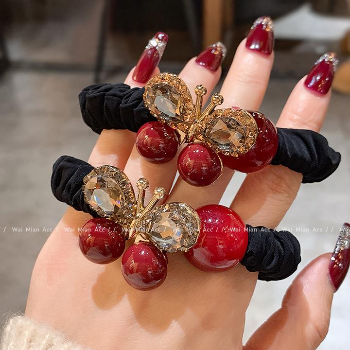 安可拉红色蝴蝶镶钻发圈头绳女高端网红扎头花高弹力马尾耐用皮筋