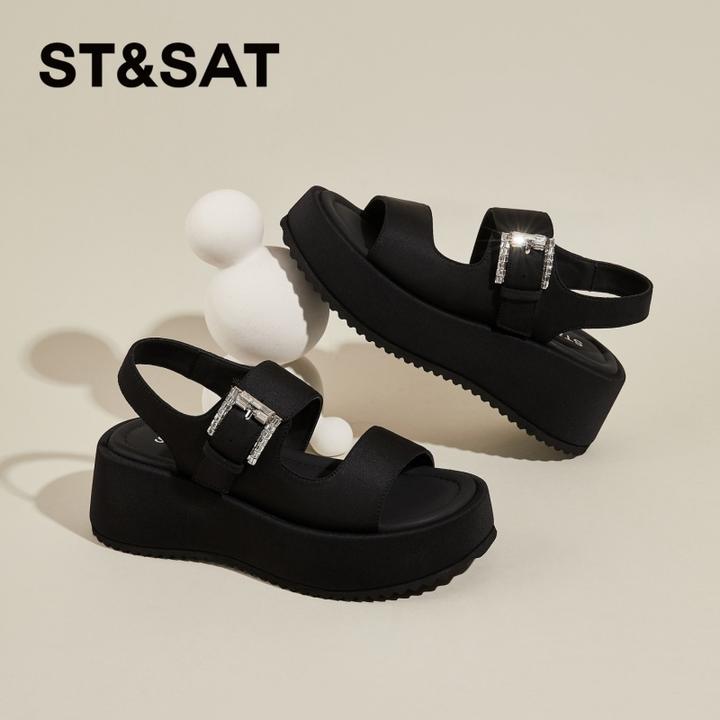 星期六厚底巨好看凉鞋女款2025新款夏季外穿增高黑色松糕休闲凉鞋