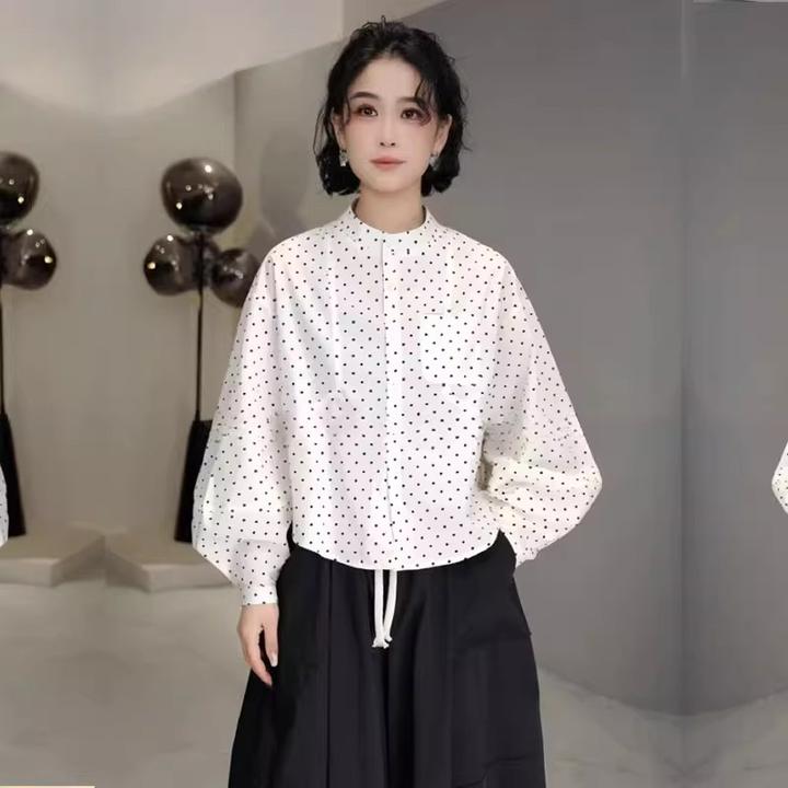 简约圆点圆领长袖衬衫女2025春季新款小众灯笼袖气质百搭衬衣上衣