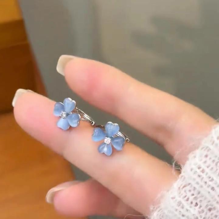 合金合成锆石耳饰 冰蓝猫眼石花朵耳扣小众设计感精致百搭耳环