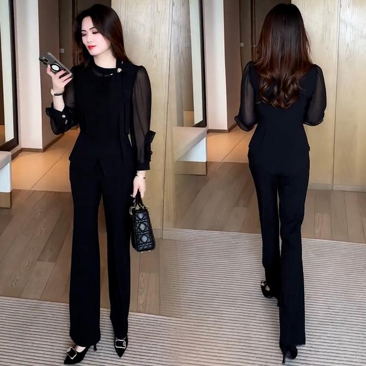 时尚雪纺套装女2025春季新款洋气显瘦减龄长袖上衣阔腿裤两件套潮