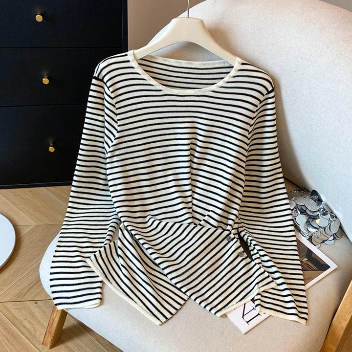不规则收腰显瘦百搭上衣女2025年秋季新款时尚条纹正肩长袖针织衫