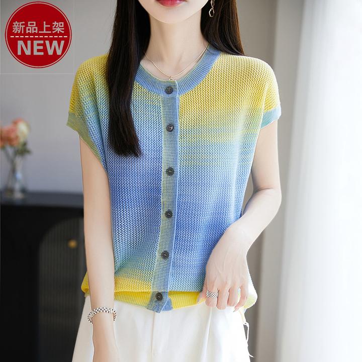 哥弟阿玛施正品时尚圆领薄款渐变色优雅气质无袖休闲百搭针织开衫