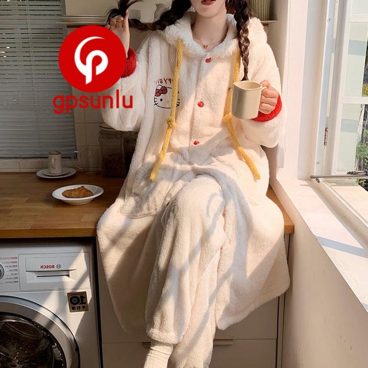 gpsunlu日系甜萌可爱睡衣女款冬款睡袍保暖加厚加绒暖呼呼居家服