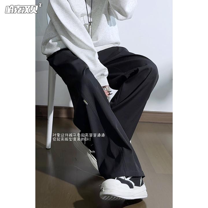 早秋季垂感小西裤男女cleanfit黑色拼接休闲长裤大码宽松直筒裤子
