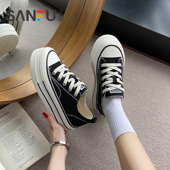 三福爆款透气休闲板鞋2025新款夏季厚底增高休闲小白鞋学院风百搭