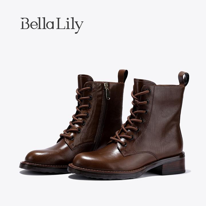 BellaLily秋季新款英伦风马丁靴女牛皮粗跟中筒靴时装靴潮靴
