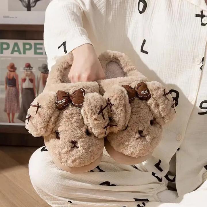 可爱蝴蝶结奶呼呼加厚保暖兔子棉拖女2025秋冬新款居家防滑毛毛拖