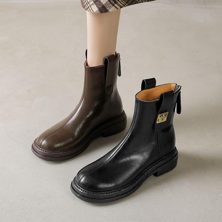 4cm~皮毛一体雪地靴女后拉链真皮东北大棉鞋英伦复古加厚保暖短靴