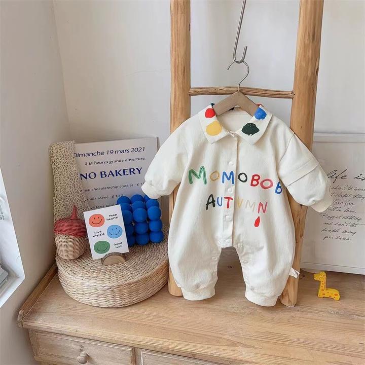 春秋季宝宝印花婴儿爬服外穿洋气彩色字母连衣春装可爱超萌爬服