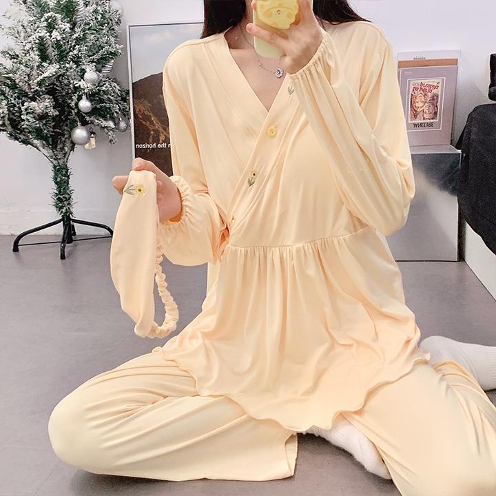 秋季纯棉带胸垫春秋月子服孕妇产后哺乳家居服吸汗透气