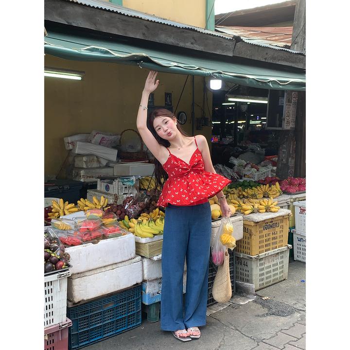 火火火【里费小岛】韩版蓝色小众阔腿休闲裤K35646HH52