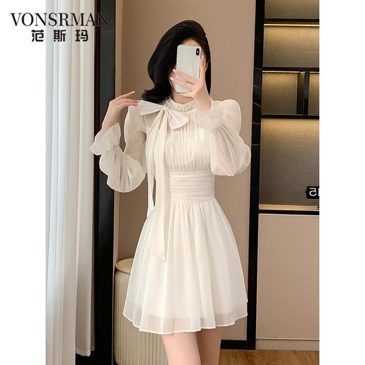 设计感法式小香风雪纺连衣裙2025秋冬季新款收腰气质小个子短裙女