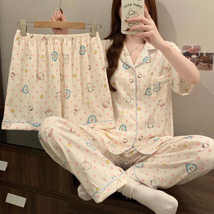 森系网红凯蒂猫睡衣薄款女短袖夏季三件套云朵棉卡通家居服可外穿