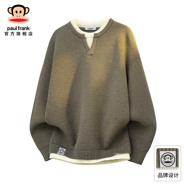 PaulFrank/大嘴猴复古休闲针织毛衣男2025秋季假两件保暖宽松上衣