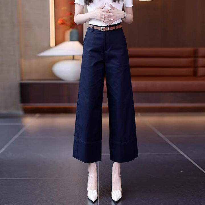 拉夏贝尔薄款莱赛尔休闲阔腿裤女2025夏新款直筒拼接小个子八分裤