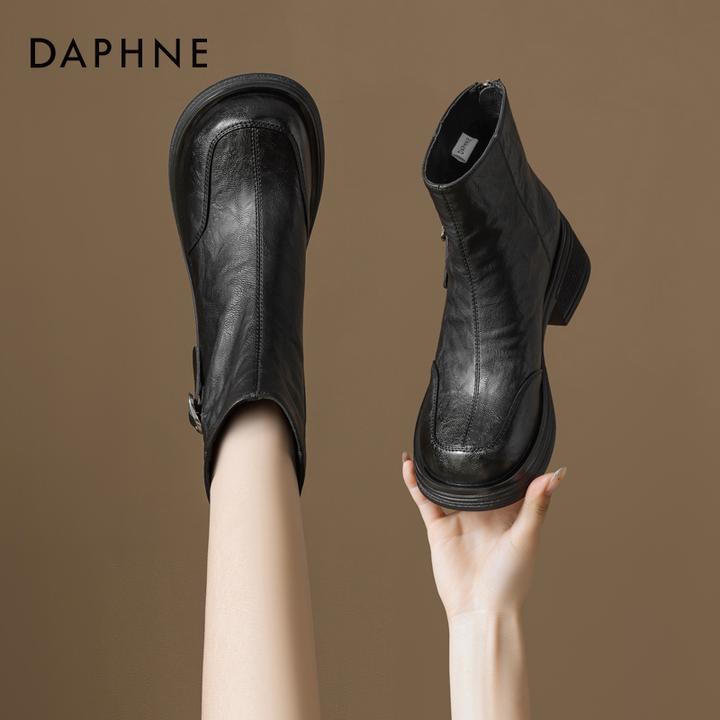 达芙妮网红爆款厚底短靴女2025新款秋季黑色靴子复古英伦风马丁靴