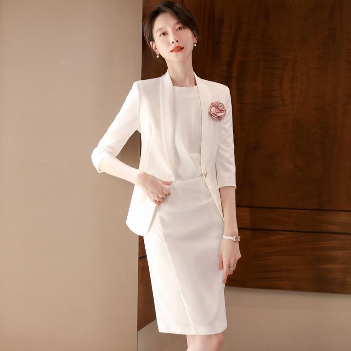 白色西装连衣裙2024夏季新款职业套装气质五分袖西服正装女工作服