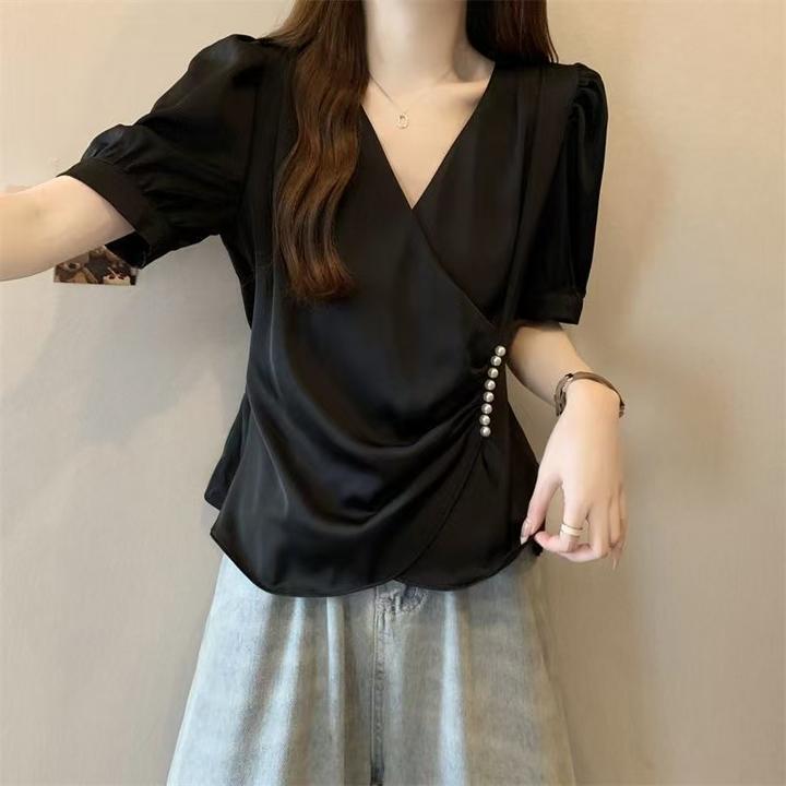 大码女装遮肚子小香风V领衬衫女夏季胖妹妹收腰显瘦短款正肩上衣