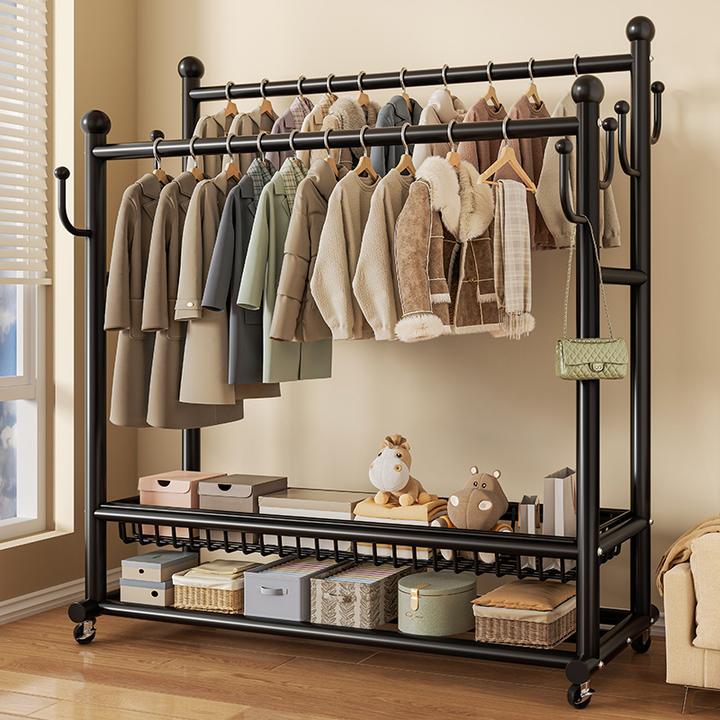 加粗32管径衣帽架升级款单杆衣帽架带收纳篮可移动袋挂钩家用收纳