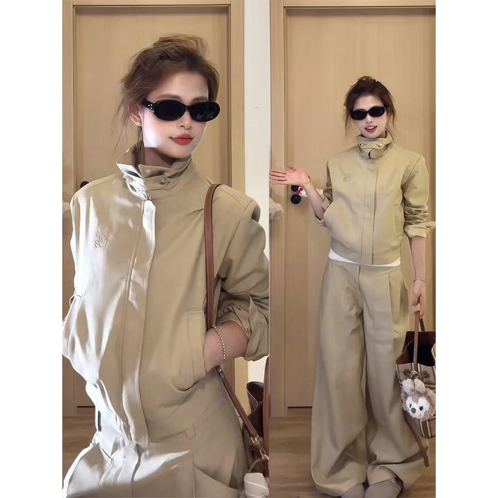 美式复古立领外套女秋季老钱风卡其色短款夹克高腰垂感阔腿裤套装