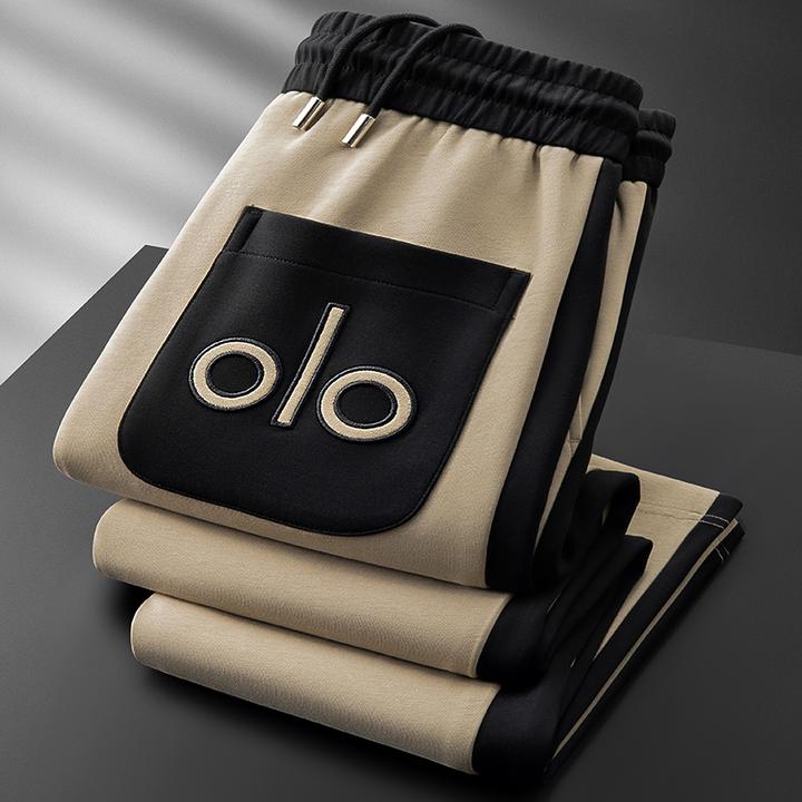 FANCBUDY秋冬撞色拼接口袋刺绣运动裤柔顺空气层高端卫裤男士直筒