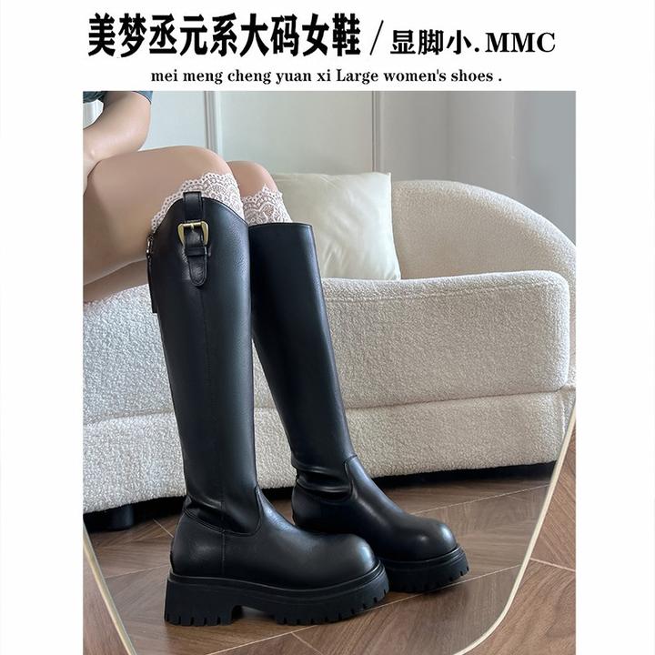 胖MM粗腿大筒围不过膝长筒靴秋冬新款厚底粗跟小个子后拉链骑士靴