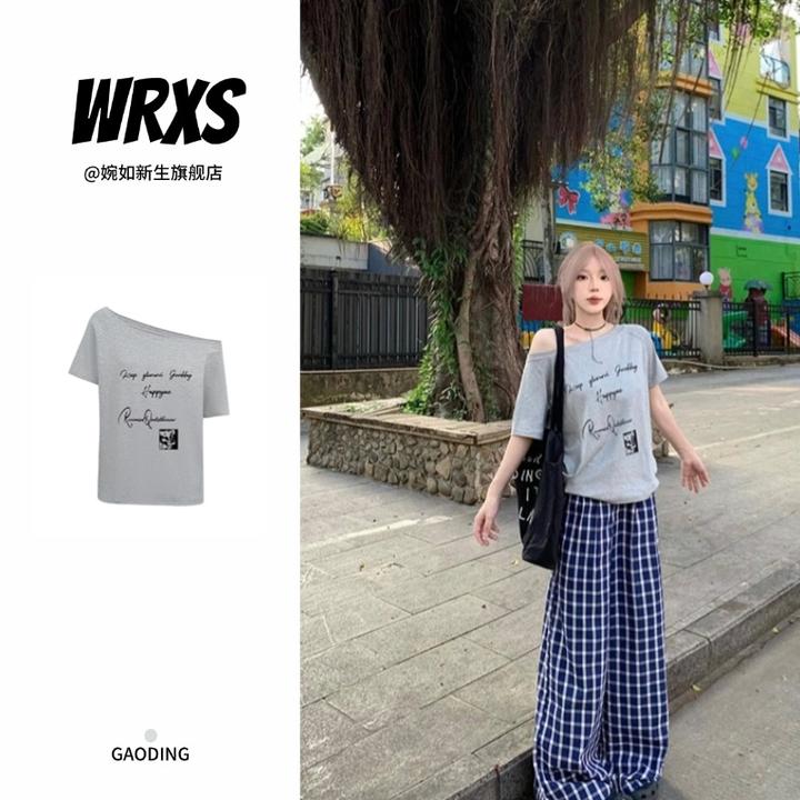 【婉如新生】灰色复古设计感斜肩短袖t恤女夏季辣妹ins露肩上衣宽松