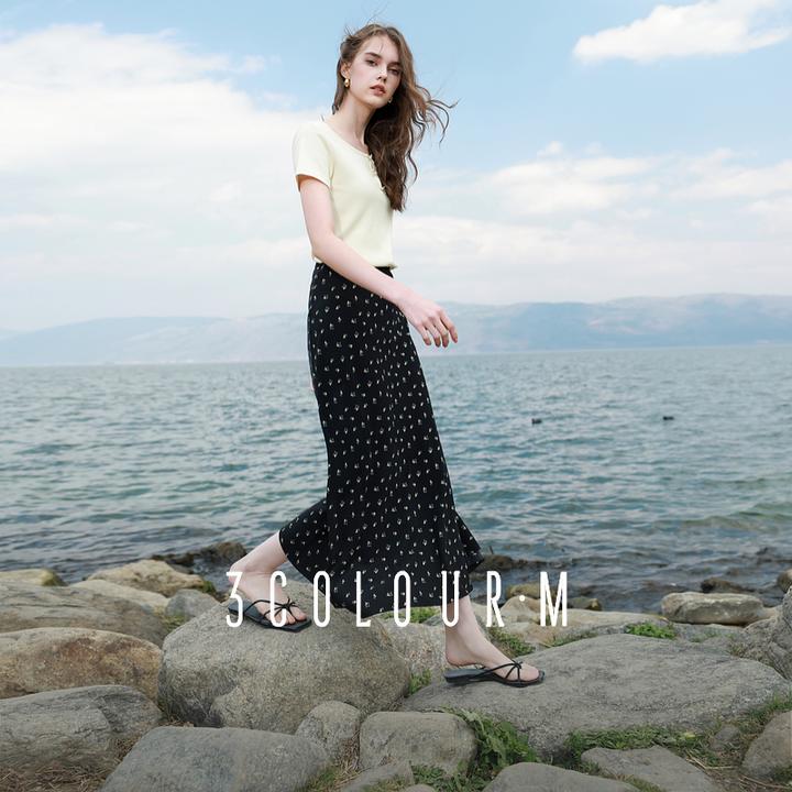 三彩2025夏季新款碎花半身裙斜裁A字裙松紧腰鱼尾裙浪漫长裙Mdbx