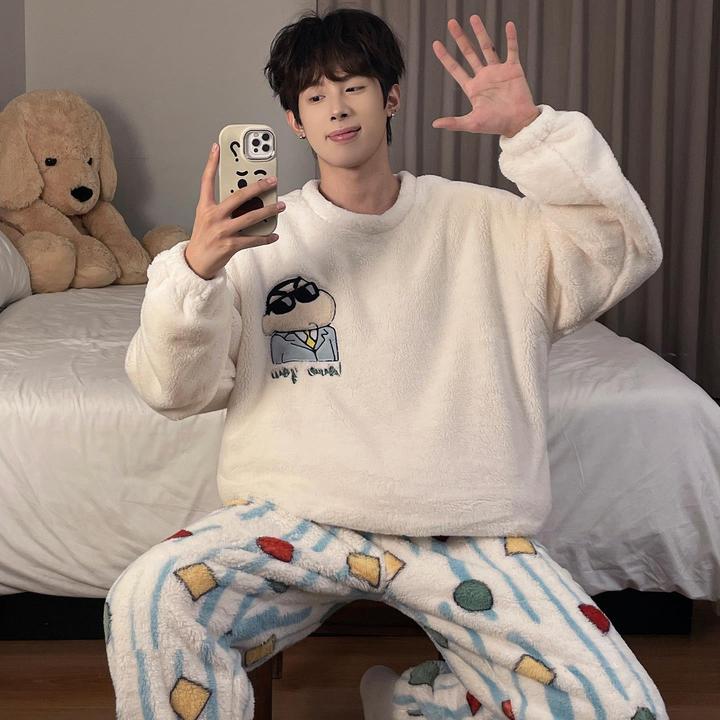 蜡笔小新睡衣男款秋冬季珊瑚绒加绒加厚冬天法兰绒保暖家居服套装