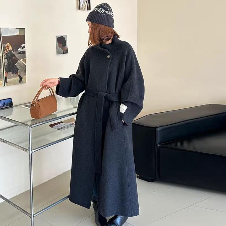韩版斜扣领立领双面呢羊毛大衣女冬季2025新款高级感长款毛呢外套