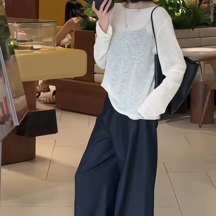 夏季法式风宽松长袖T恤搭配阔腿裤时髦休闲女装