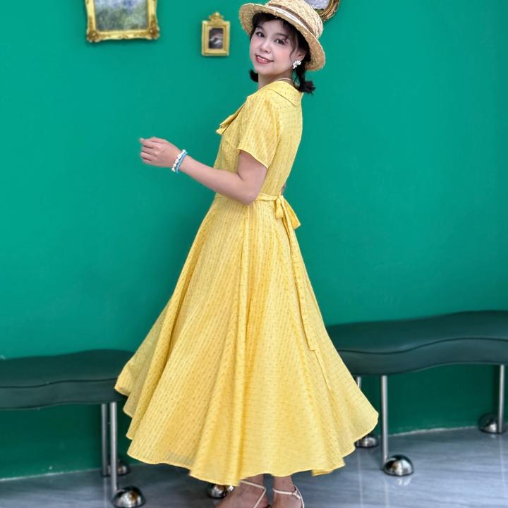 （巴黎甜橙）法式清新波点衬衫领短袖连衣裙夏季收腰设计感气质长裙