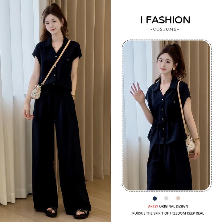 时尚法式高级感套装女2025夏季新款洋气显瘦系带衬衫阔腿裤两件套