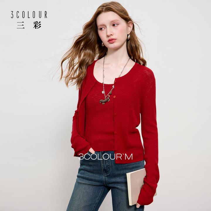 三彩2025秋季新款套装圆领毛衫开衫修身吊带两件套M