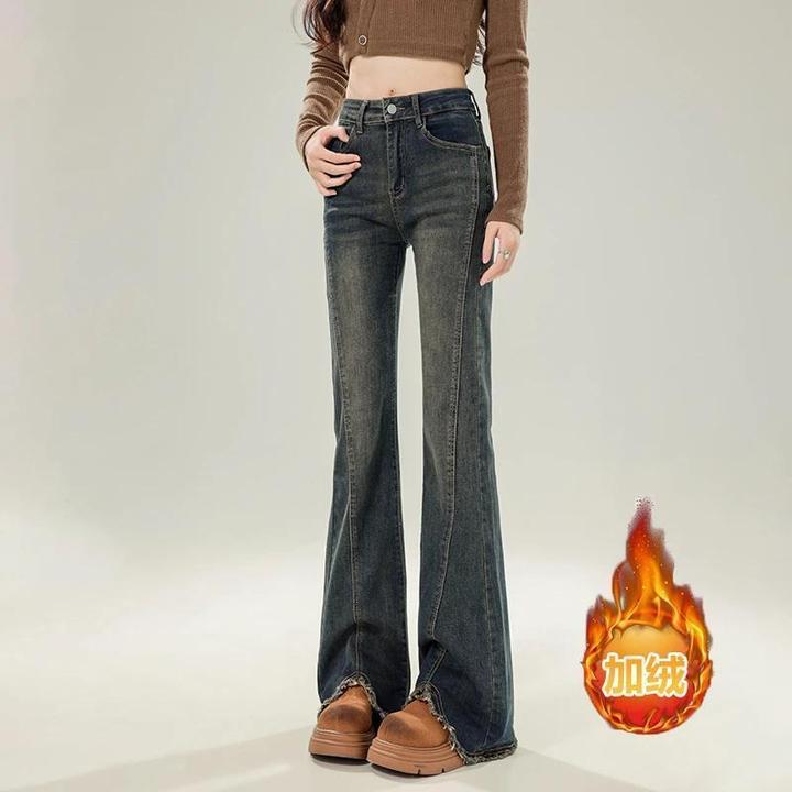 秋冬美式高街高腰显瘦毛边马蹄喇叭拖地裤复古蓝加绒微喇牛仔裤女