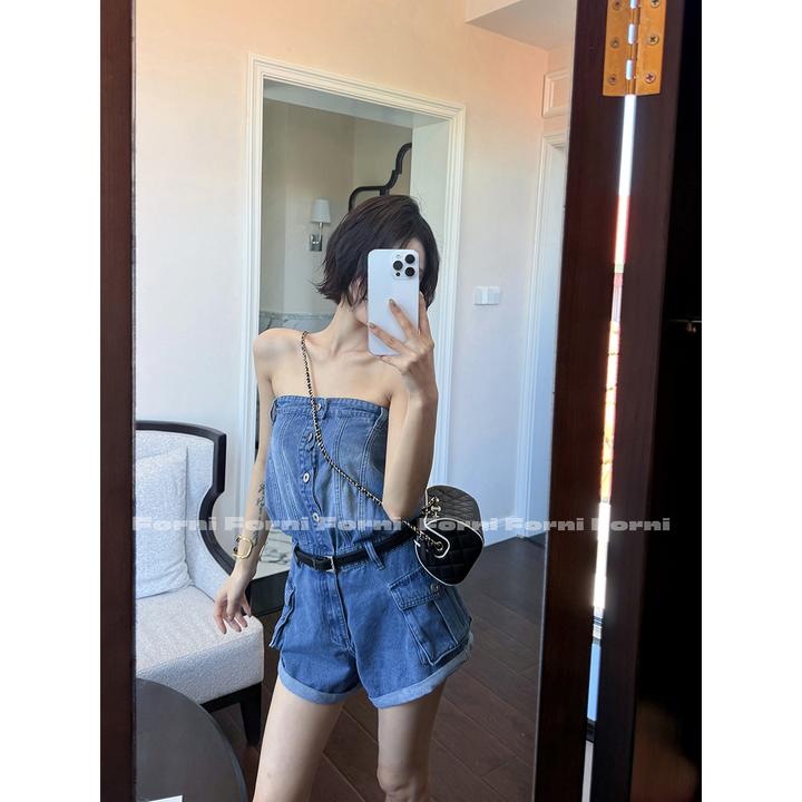 FORNI 沃尔特爵士 加州街头风美式辣妹抹胸连体短裤牛仔连体衣