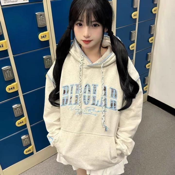 秋冬加绒加厚打底衫女韩版刺绣宽松字母纯棉学生减龄个性连帽卫衣